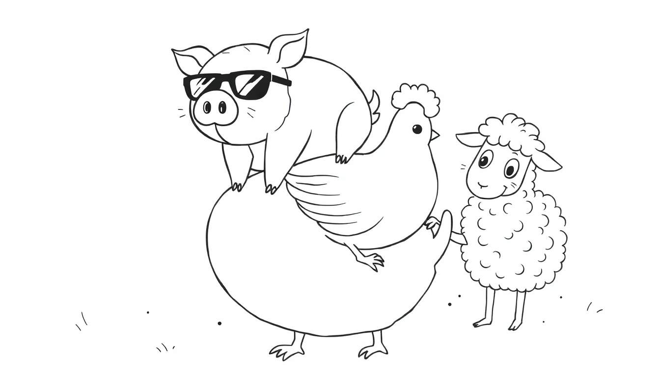 Dessin au trait noir et blanc d'un cochon avec des lunettes de soleil assis sur une poule, avec un mouton debout à droite.