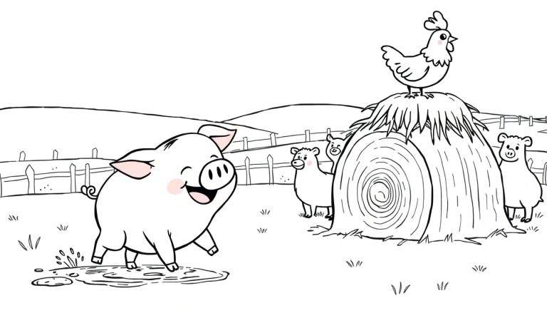 Dessin au trait noir et blanc d'une scène de ferme avec un cochon dans la boue, deux petits cochons, une poule sur une botte de foin, une clôture et des collines.