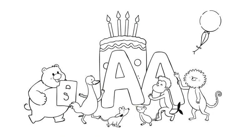 Dessin à colorier d'une fête d'anniversaire avec des animaux et des lettres. Un gâteau, des animaux joyeux, et les lettres 'A' et 'D S' sont présents.