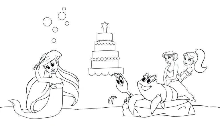 Coloriage d'une fête d'anniversaire sous-marine avec Ariel, un crabe, et deux princesses autour d'un gâteau décoré.