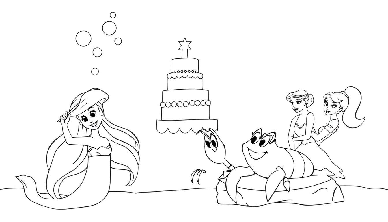 Coloriage d'une fête d'anniversaire sous-marine avec Ariel, un crabe, et deux princesses autour d'un gâteau décoré.