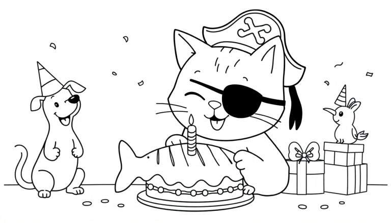 Coloriage : chat pirate avec cache-œil et chapeau, gâteau en forme de poisson avec bougie, chiot avec chapeau de fête, oiseau avec corne de licorne sur des cadeaux empilés, confettis.