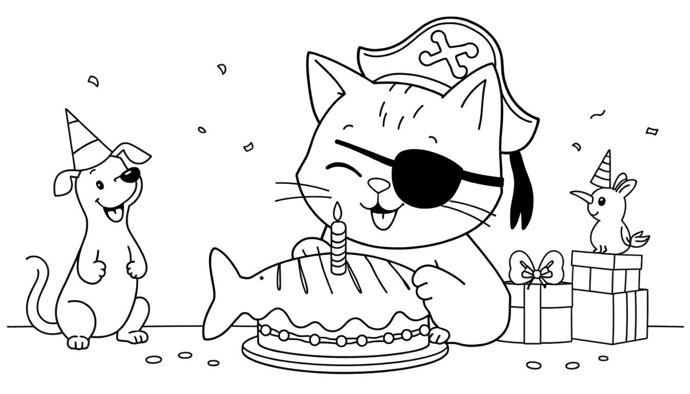 Coloriage : chat pirate avec cache-œil et chapeau, gâteau en forme de poisson avec bougie, chiot avec chapeau de fête, oiseau avec corne de licorne sur des cadeaux empilés, confettis.