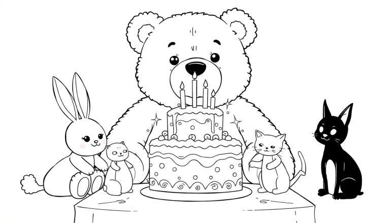 Coloriage d'un ours en peluche tenant un gâteau d'anniversaire, entouré d'un lapin et de chats.