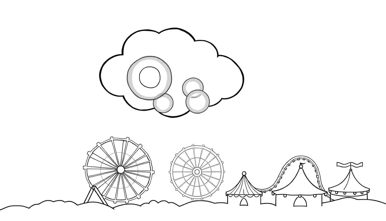 Dessin au trait noir et blanc d'une fête foraine avec une grande roue, des tentes et des montagnes russes.