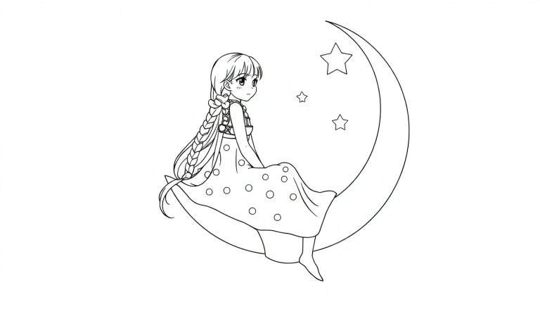 Dessin au trait noir et blanc d'une jeune fille manga assise sur une lune, avec des étoiles.