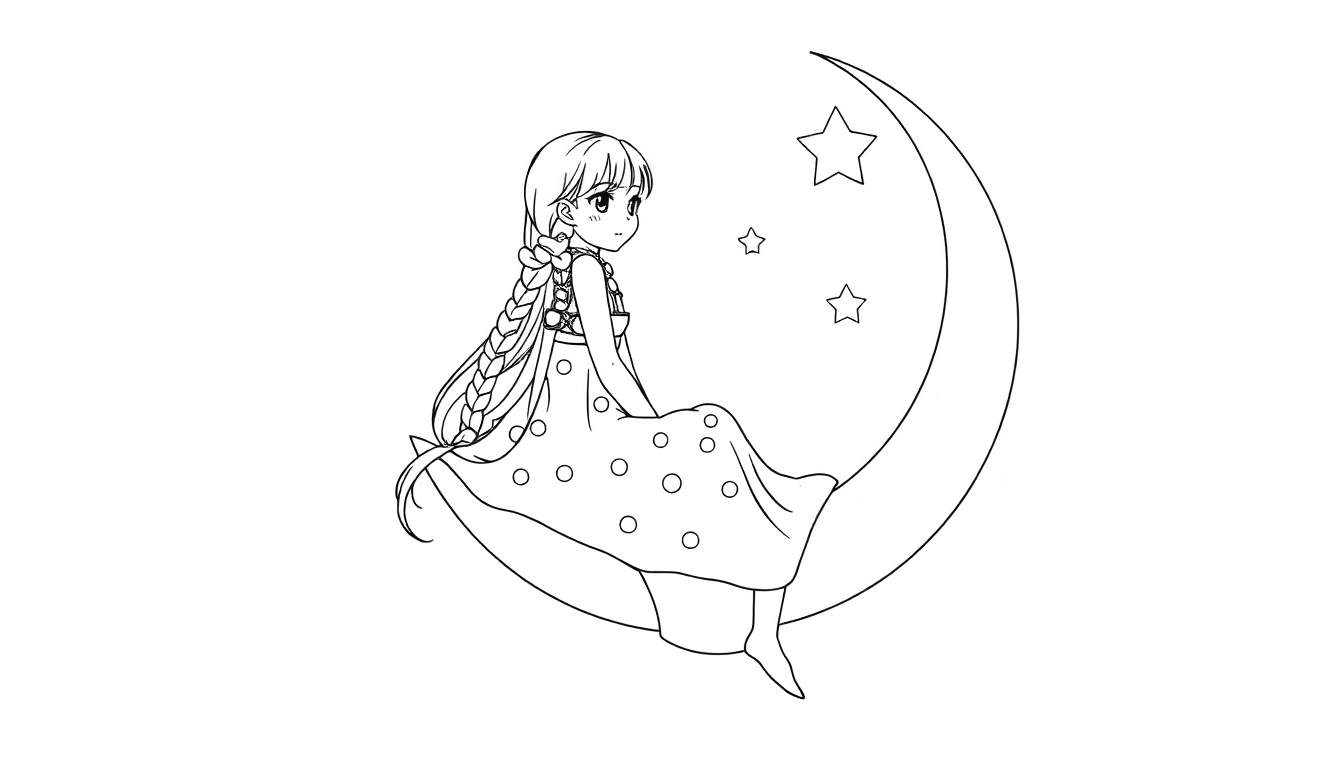 Dessin au trait noir et blanc d'une jeune fille manga assise sur une lune, avec des étoiles.