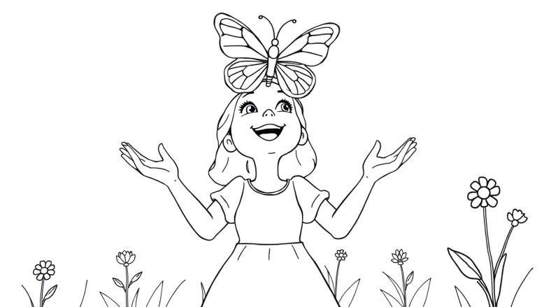 Coloriage d'une jeune fille souriante dans un champ de fleurs avec un papillon sur sa tête.