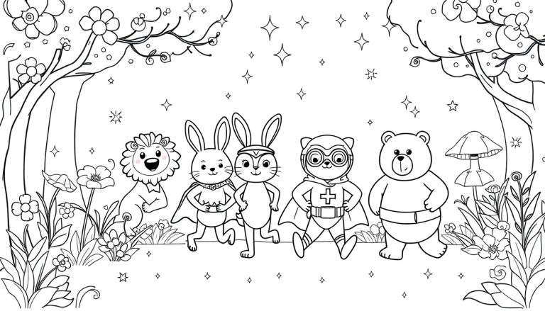 Coloriage forêt avec animaux anthropomorphes : lion, lapins, super-héros chat/raton laveur, ours, arbres, étoiles et fleurs.