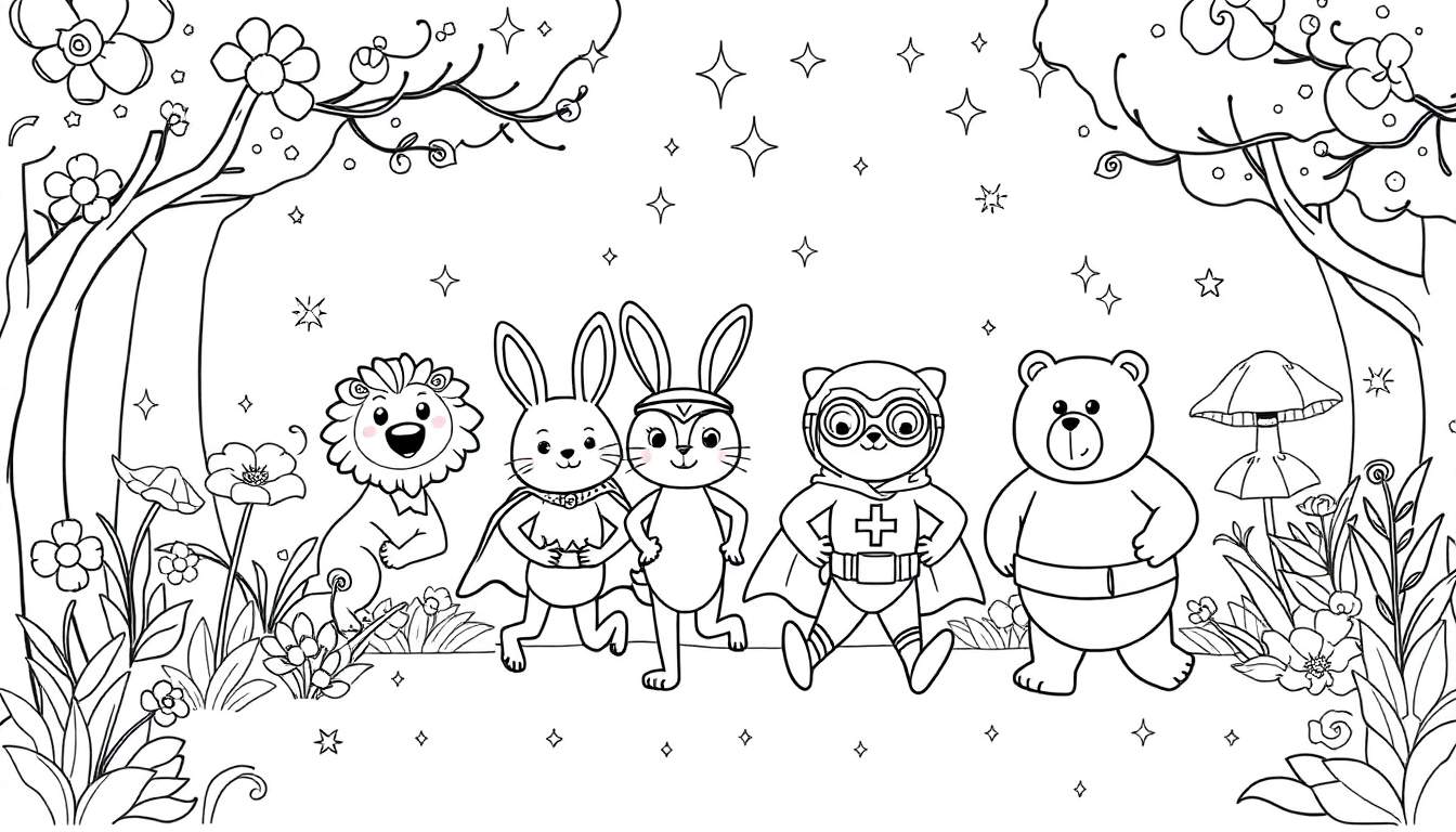 Coloriage forêt avec animaux anthropomorphes : lion, lapins, super-héros chat/raton laveur, ours, arbres, étoiles et fleurs.