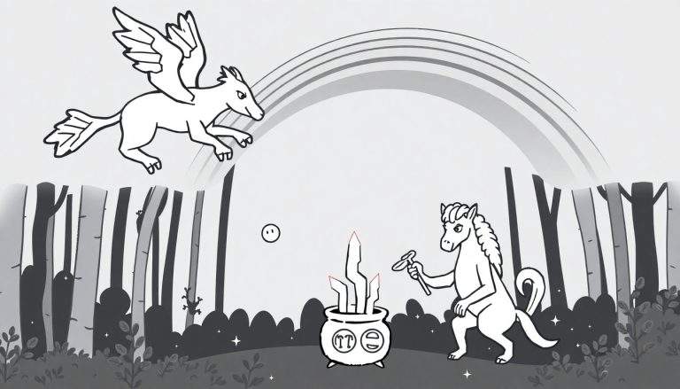 Coloriage d'une forêt enchantée avec un chaudron de potion, un cheval anthropomorphe, un pégase, un arc-en-ciel, des étoiles et des créatures fantastiques.