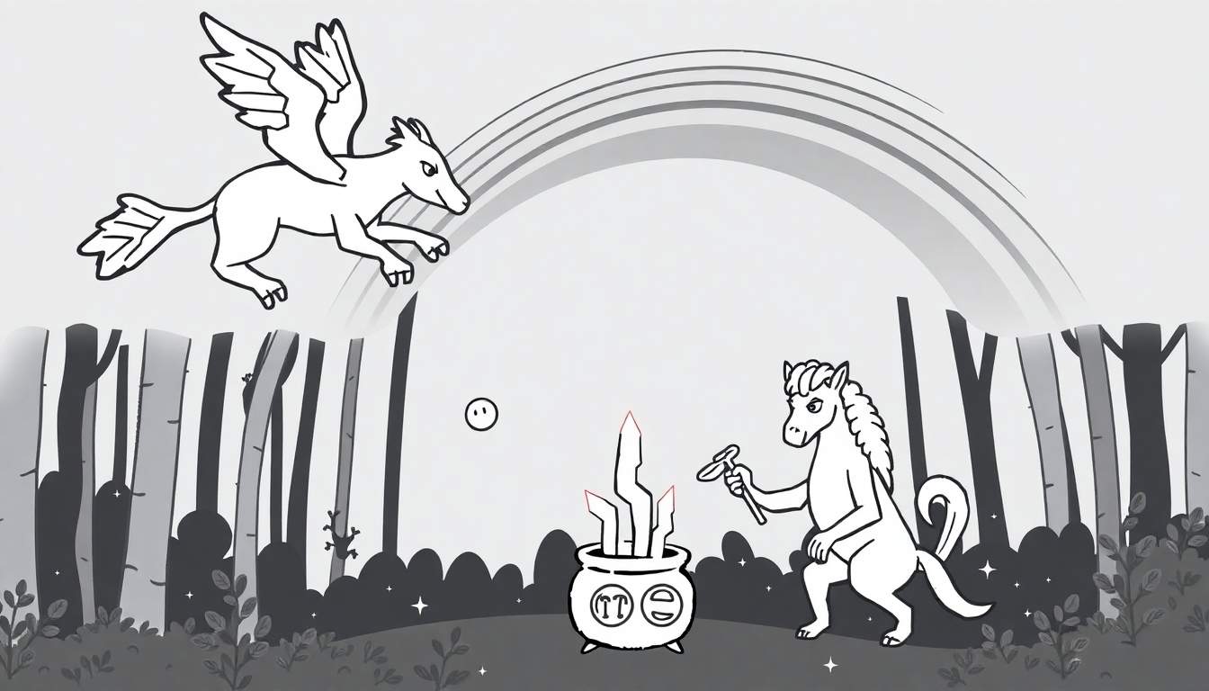 Coloriage d'une forêt enchantée avec un chaudron de potion, un cheval anthropomorphe, un pégase, un arc-en-ciel, des étoiles et des créatures fantastiques.