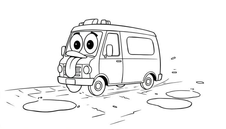 Dessin au trait d'une fourgonnette de dessin animé aux grands yeux et à la langue tirée, roulant joyeusement dans des flaques d'eau.