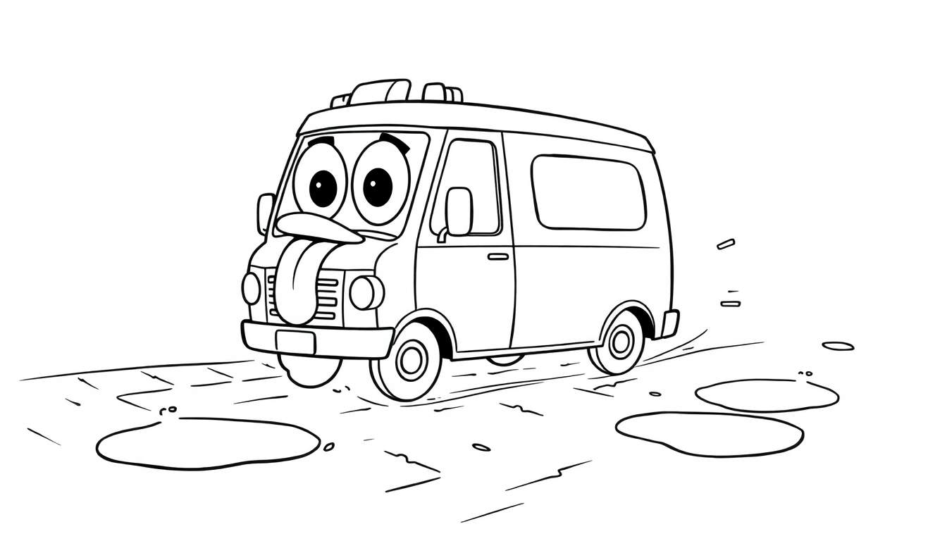 Dessin au trait d'une fourgonnette de dessin animé aux grands yeux et à la langue tirée, roulant joyeusement dans des flaques d'eau.