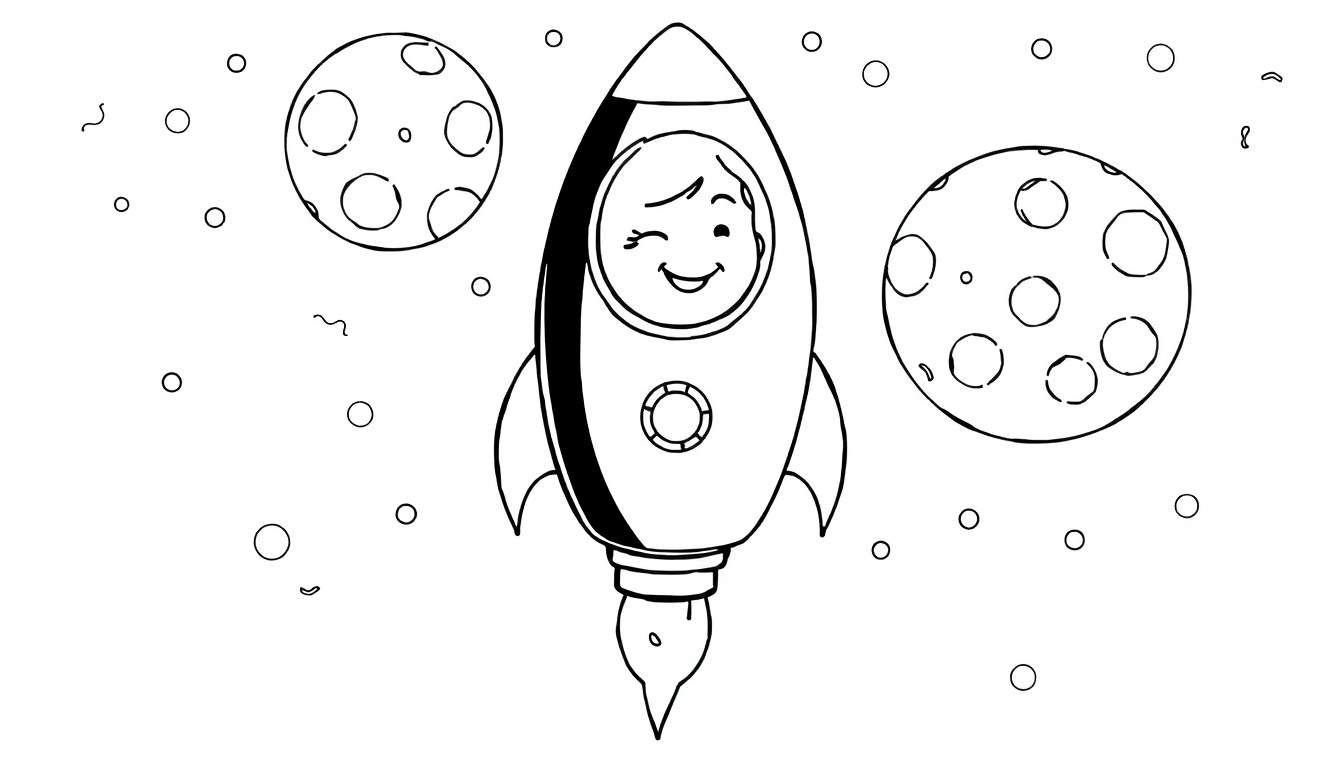 Dessin en noir et blanc d'une fusée spatiale dans l'espace avec un enfant souriant à l'intérieur, entourée de planètes et de bulles.