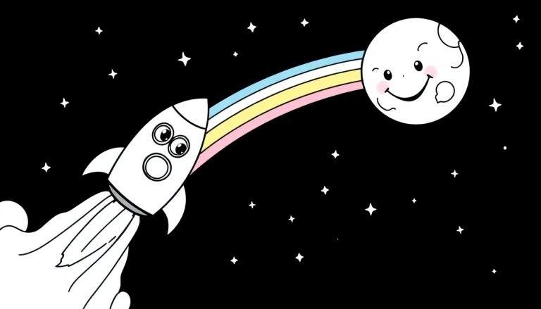 Coloriage d'une fusée stylisée s'élançant dans l'espace, un arc-en-ciel coloré menant à une lune joyeuse, avec un ciel étoilé en arrière-plan.