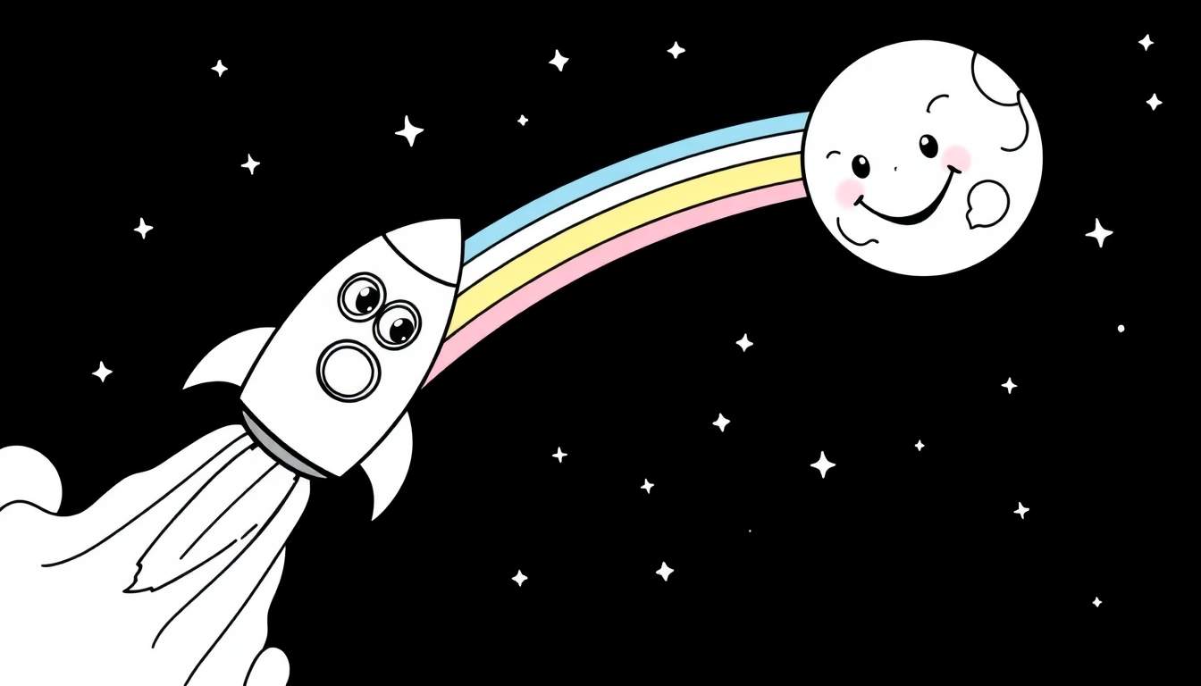 Coloriage d'une fusée stylisée s'élançant dans l'espace, un arc-en-ciel coloré menant à une lune joyeuse, avec un ciel étoilé en arrière-plan.
