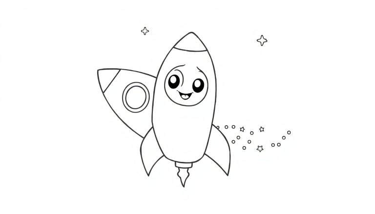Dessin au trait d'une fusée de dessin animé souriante dans l'espace avec des étoiles.