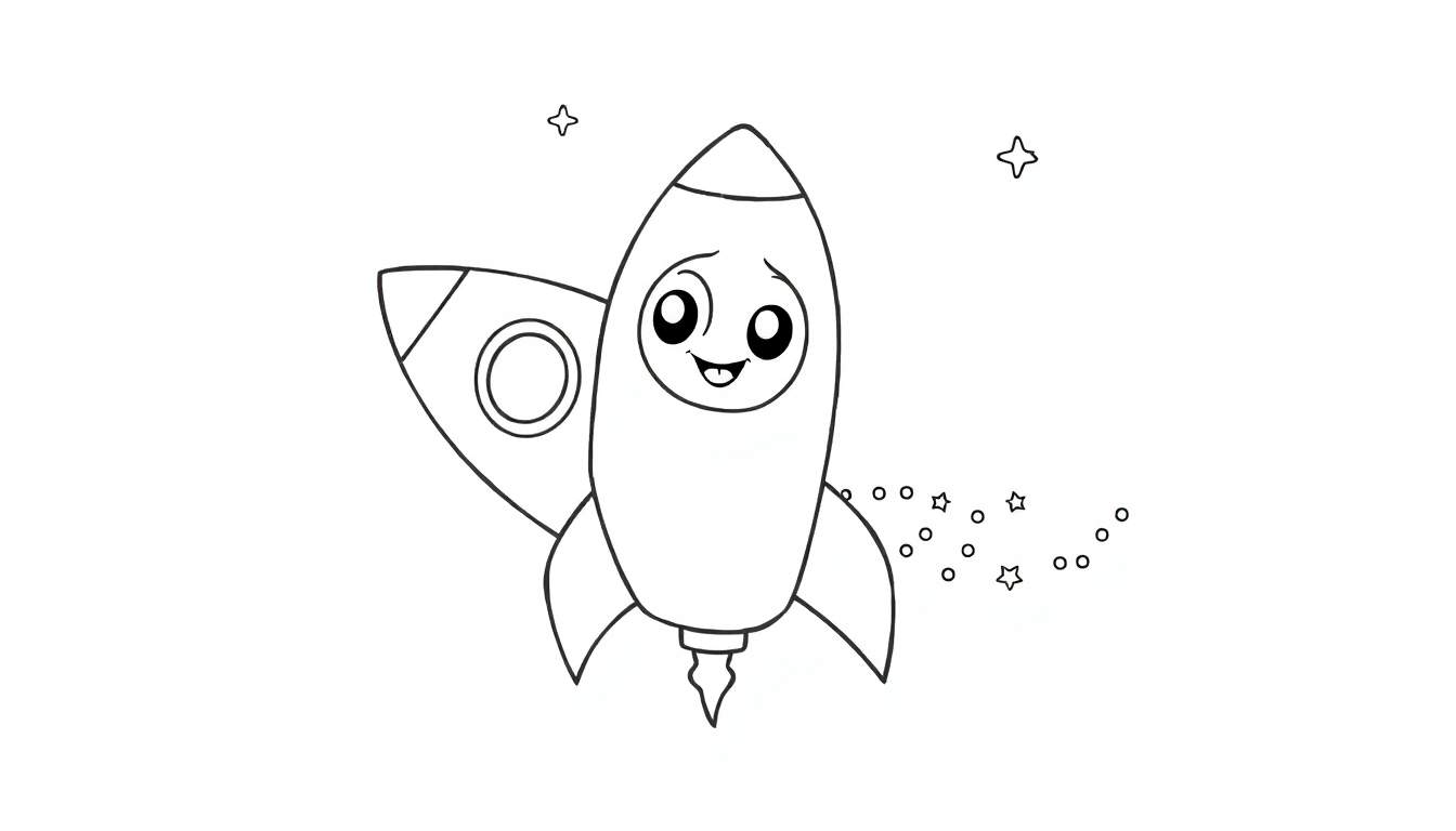 Dessin au trait d'une fusée de dessin animé souriante dans l'espace avec des étoiles.