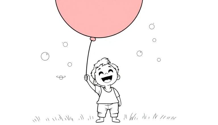 Dessin au trait noir et blanc d'un garçon souriant tenant un grand ballon rose, avec des bulles dans le ciel et de l'herbe au sol.