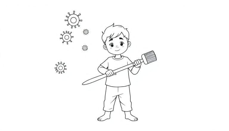 Dessin au trait d'un jeune garçon souriant tenant une grosse brosse à dents, entouré de petits dessins de microbes et de bactéries.