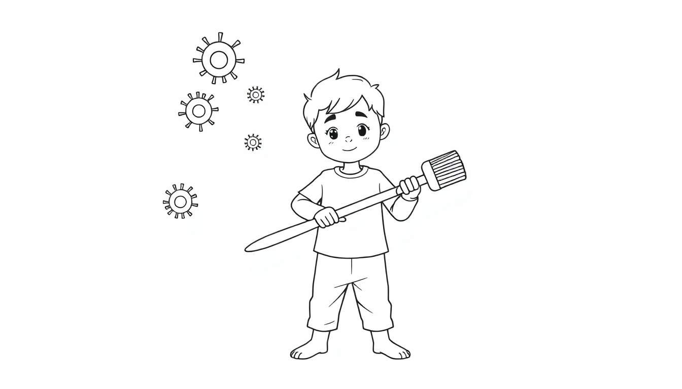 Dessin au trait d'un jeune garçon souriant tenant une grosse brosse à dents, entouré de petits dessins de microbes et de bactéries.