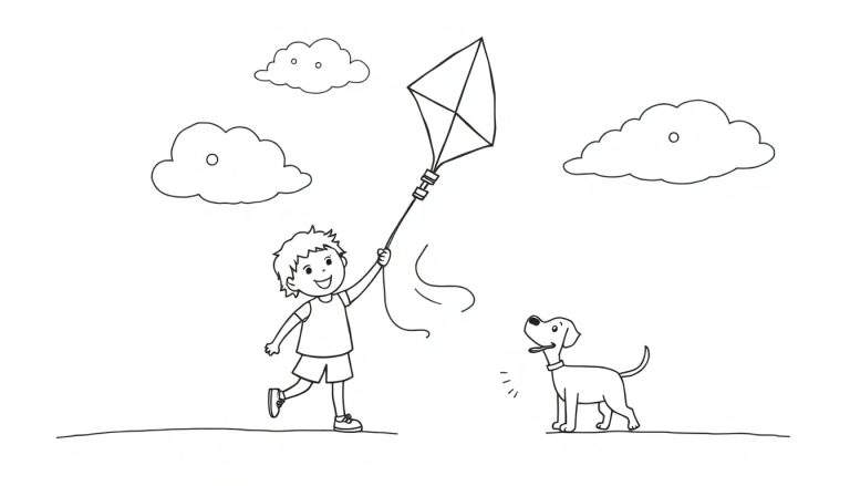 Coloriage noir et blanc d'un jeune garçon souriant tenant un cerf-volant dans le ciel, avec un chien debout devant lui et quelques nuages.