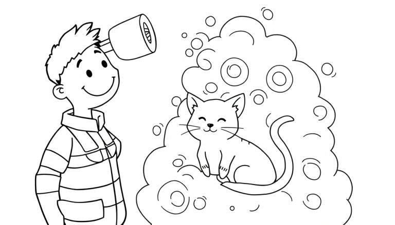 Dessin au trait d'un garçon riant avec un rouleau de papier toilette sur la tête, regardant un chat détendu dans une bulle de savon.
