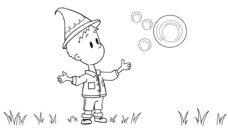 Dessin au trait noir et blanc d'un jeune garçon avec un chapeau pointu jouant avec des bulles dans un champ.