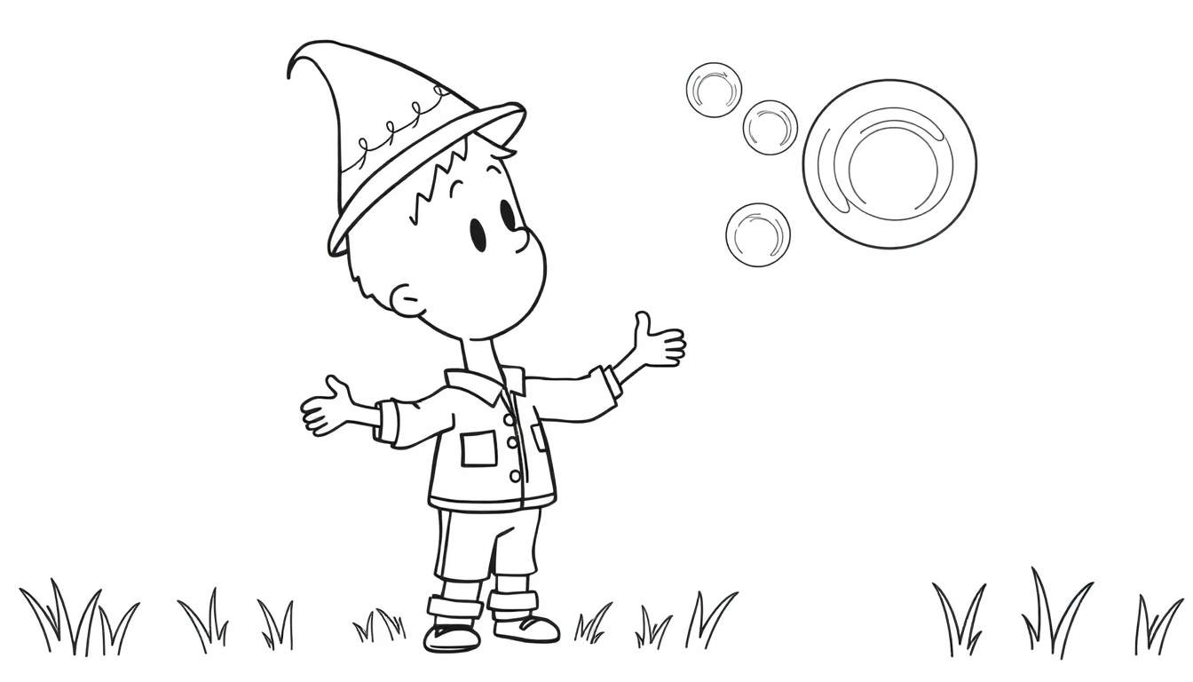 Dessin au trait noir et blanc d'un jeune garçon avec un chapeau pointu jouant avec des bulles dans un champ.