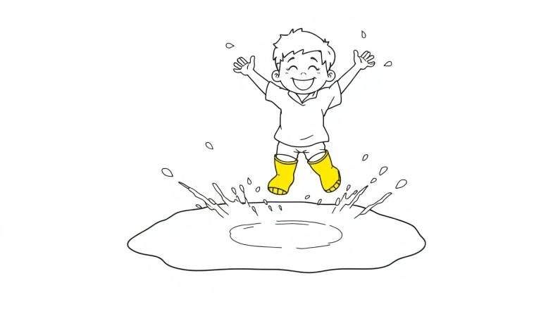 Dessin au trait d'un garçon souriant sautant dans une flaque d'eau, portant des bottes jaunes.