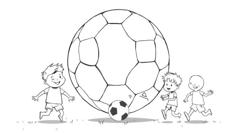 Dessin en noir et blanc de trois enfants riant en courant autour d'un immense ballon de football.