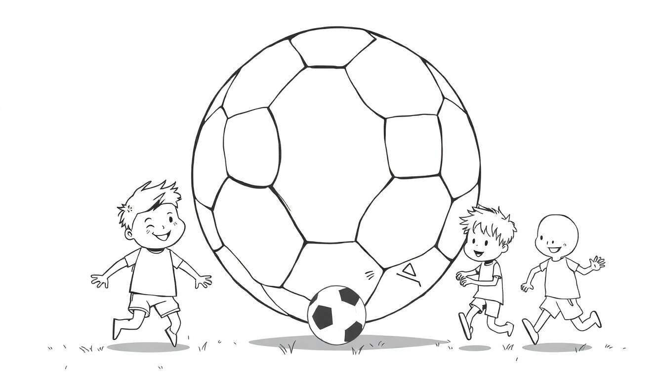 Dessin en noir et blanc de trois enfants riant en courant autour d'un immense ballon de football.