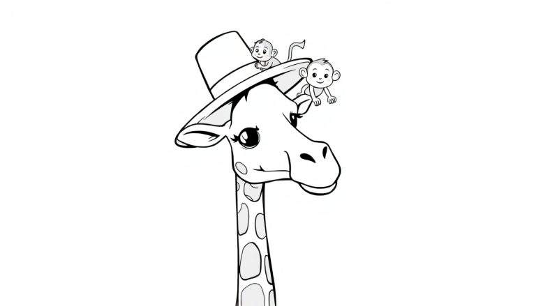 Dessin au trait noir et blanc d'une girafe avec un chapeau orné de deux petits singes perchés dessus, prêt à être colorié.