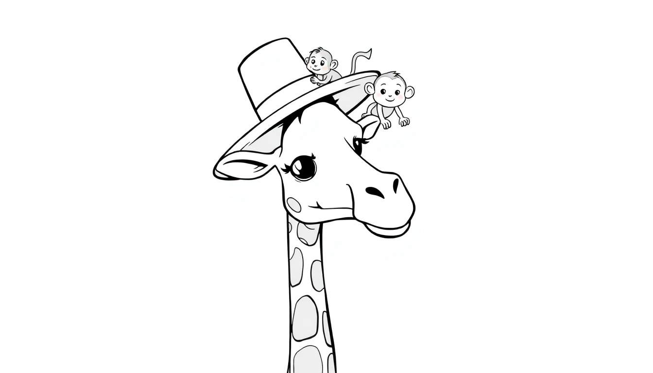 Dessin au trait noir et blanc d'une girafe avec un chapeau orné de deux petits singes perchés dessus, prêt à être colorié.