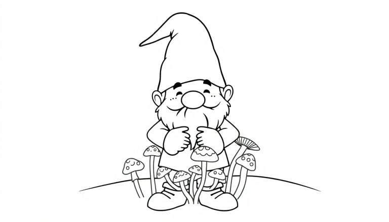 Dessin au trait noir et blanc d'un gnome joyeux avec un chapeau pointu et une barbe, entouré de grands champignons dont certains ont des visages souriants. Arrière-plan blanc.