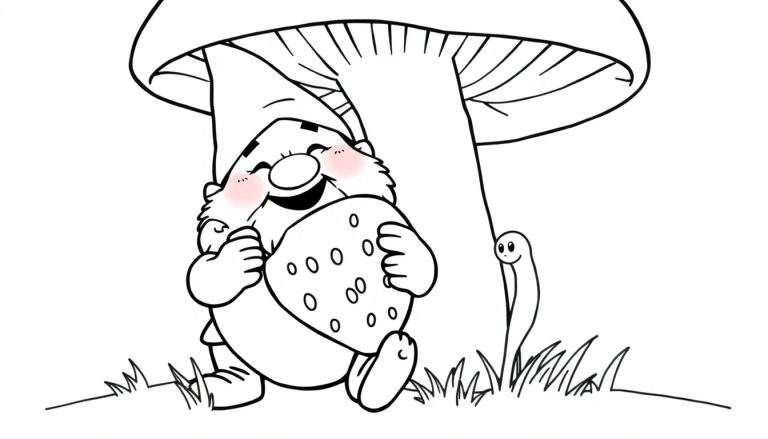 Dessin au trait d'un gnome souriant assis sous un champignon, tenant une fraise, avec un petit ver à côté.