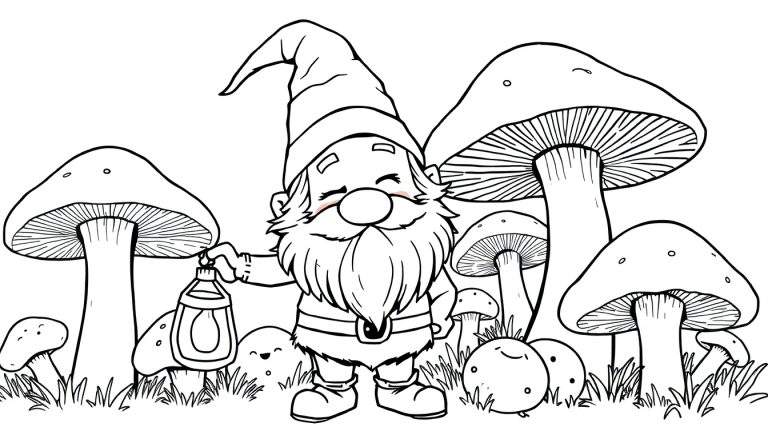 Coloriage d'un gnome avec un chapeau pointu et une barbe, tenant une lanterne au milieu de champignons et de créatures rondes souriantes.