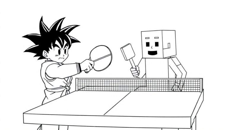 Coloriage de Goku de Dragon Ball et d'un personnage façon Minecraft jouant au ping-pong.