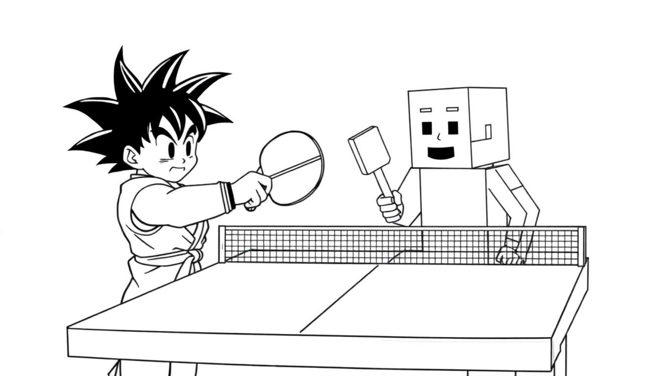 Coloriage de Goku de Dragon Ball et d'un personnage façon Minecraft jouant au ping-pong.