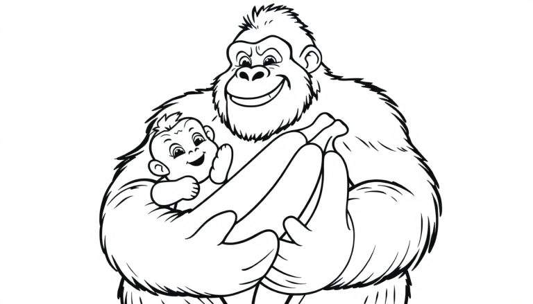 Coloriage d'un grand gorille souriant câlinant un bébé gorille.