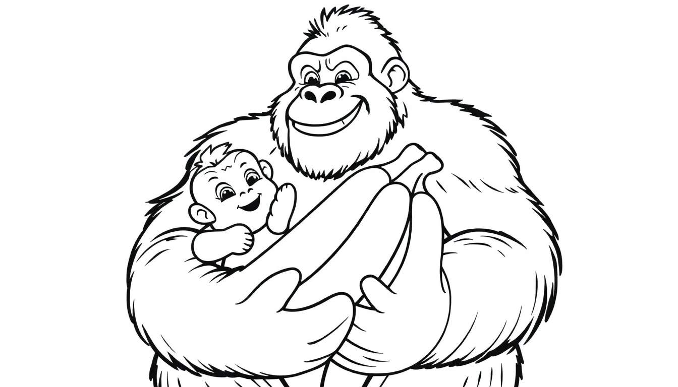 Coloriage d'un grand gorille souriant câlinant un bébé gorille.