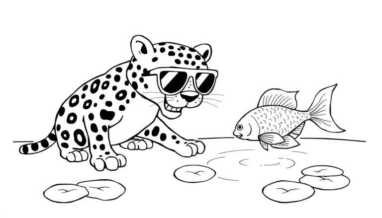 Dessin au trait noir et blanc d'un guépard portant des lunettes de soleil, assis sur des nénuphars, regardant un poisson rouge.