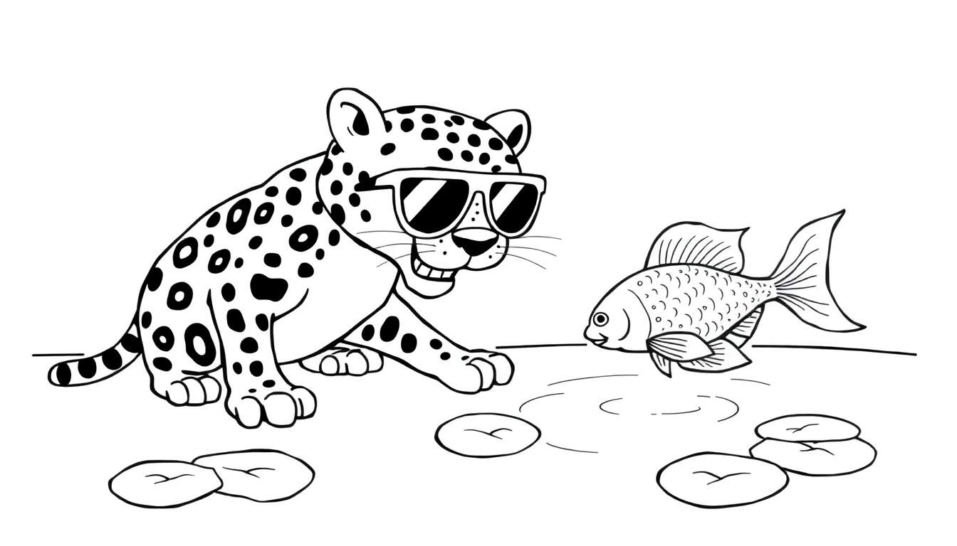 Dessin au trait noir et blanc d'un guépard portant des lunettes de soleil, assis sur des nénuphars, regardant un poisson rouge.