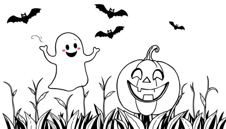 Coloriage d'Halloween avec une citrouille sculptée, un fantôme et des chauves-souris.