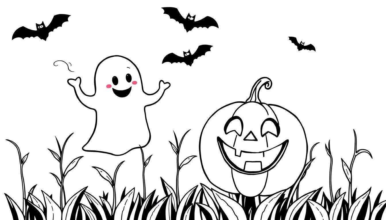 Coloriage d'Halloween avec une citrouille sculptée, un fantôme et des chauves-souris.