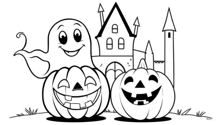 Dessin au trait noir et blanc d'une scène d'Halloween avec deux citrouilles sculptées, un fantôme souriant et un château gothique. Image prête à être coloriée.