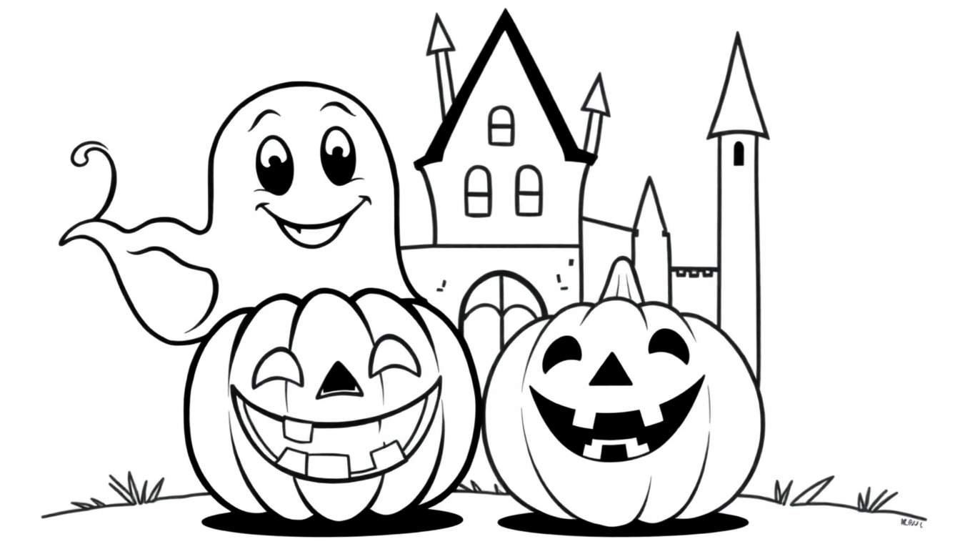 Dessin au trait noir et blanc d'une scène d'Halloween avec deux citrouilles sculptées, un fantôme souriant et un château gothique. Image prête à être coloriée.