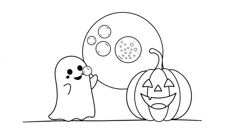 Dessin au trait d'un coloriage d'Halloween montrant une lune avec des cercles, un fantôme avec une sucette et une citrouille effrayante.
