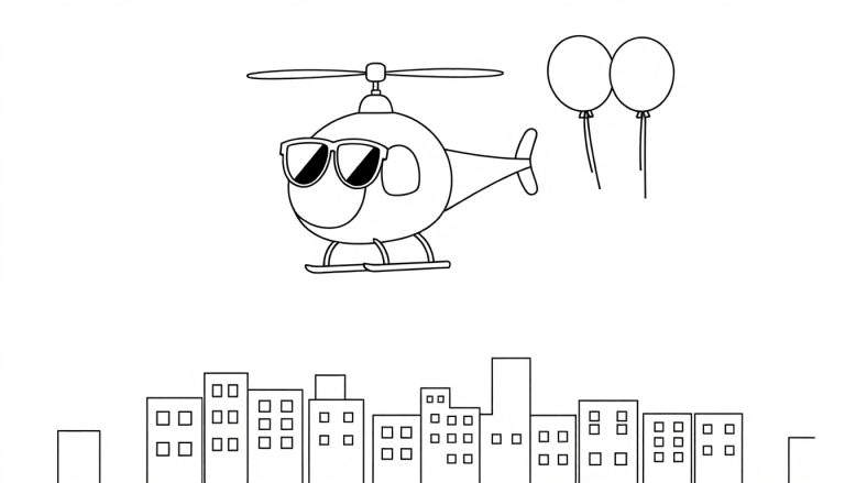 Image de coloriage d'un hélicoptère souriant avec des lunettes de soleil, deux ballons flottant au-dessus d'une ligne de bâtiments de ville stylisés.